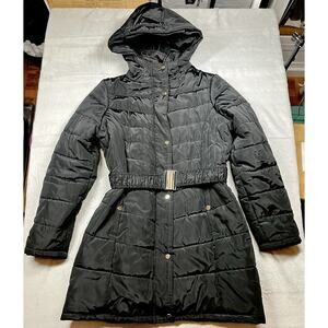 Bebe Long Black Puffer Coat Belted Gold Accents Womens L Double Zipper Hooded